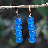 Cat's eye beaded dangle earrings, 'Oceanic Orbs' - Blue Cat's Eye Beaded Dangle Earrings from Ghana