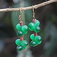 Cat's eye beaded dangle earrings, 'Green Bubbles' - Green Cat's Eye and Bauxite Beaded Dangle Earrings