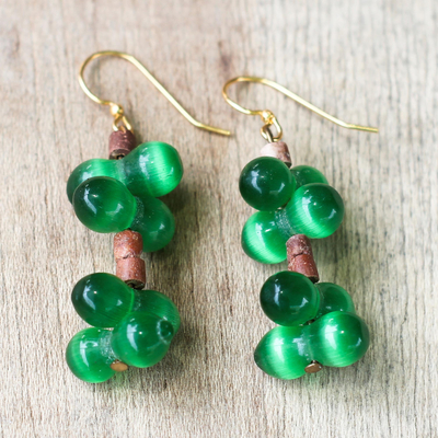 Cat's eye beaded dangle earrings, 'Green Bubbles' - Green Cat's Eye and Bauxite Beaded Dangle Earrings