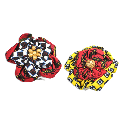 Cotton hair pins, 'African Color' (pair) - Printed Cotton Hair Pins from Ghana (Pair)
