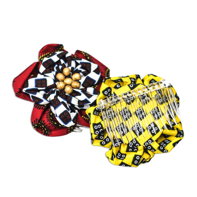 Cotton hair combs, 'African Color' (pair) - Printed Cotton Hair Combs from Ghana (Pair)