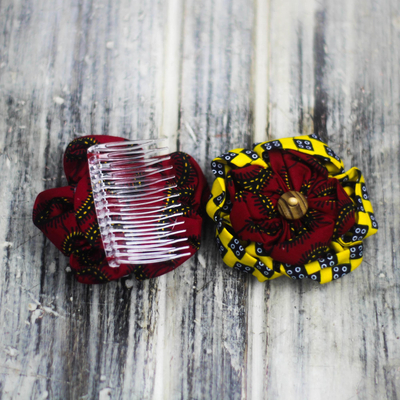 Cotton hair combs, 'African Fashion' (pair) - Sese Wood Beaded Cotton Hair Combs from Ghana (Pair)