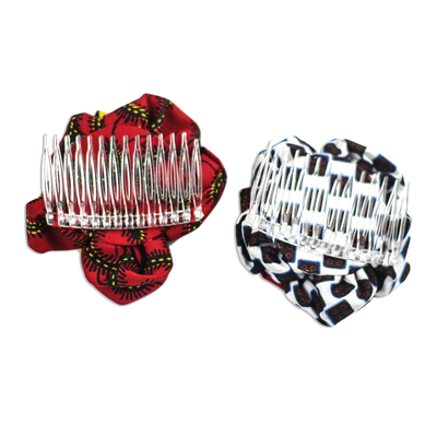 Cotton hair combs, 'African Fashion' (pair) - Sese Wood Beaded Cotton Hair Combs from Ghana (Pair)