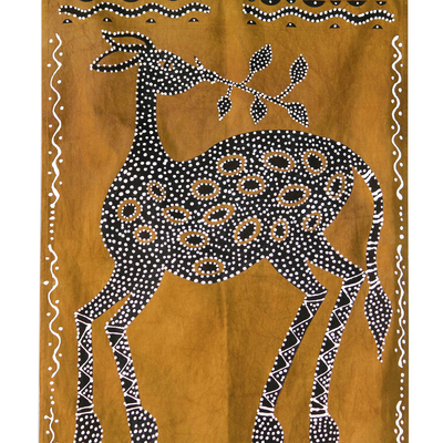 Cotton wall hanging, 'Spotted Deer' - Hand-Painted Deer-Themed Cotton Wall Hanging from Ghana