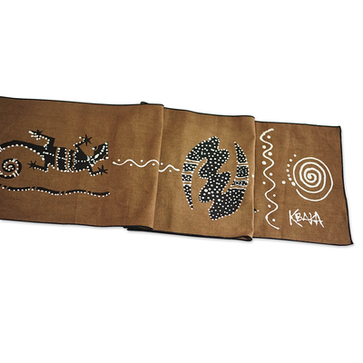 Cotton table runner, 'Gecko Friends' - Gecko-Themed Hand-Painted Cotton Table Runner from Ghana