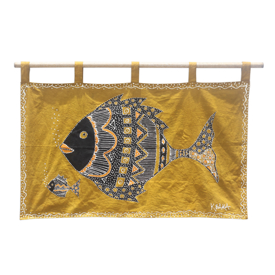 Cotton wall hanging, 'Mother's Affection' - Mother and Child Fish Cotton Wall Hanging from Ghana