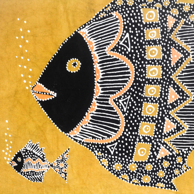 Cotton wall hanging, 'Mother's Affection' - Mother and Child Fish Cotton Wall Hanging from Ghana