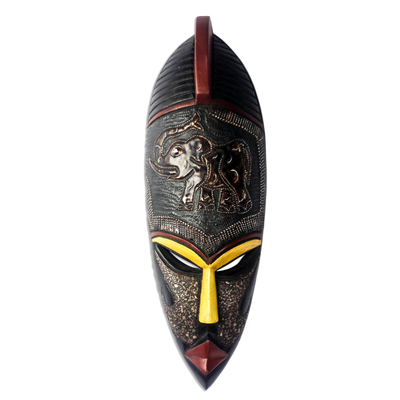 Afrikanische Holzmaske - Afrikanische Sese-Maske aus Holz und Aluminium mit Elefantenmotiv