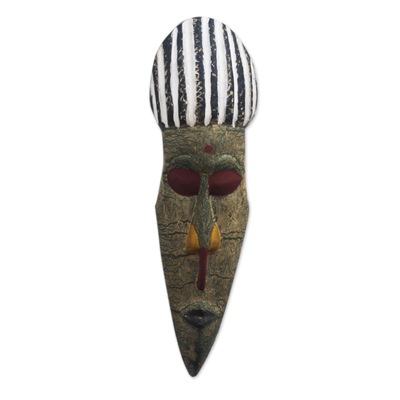 African wood mask, 'Lovely Face' - Rustic African Wood Mask with Striped Accents from Ghana