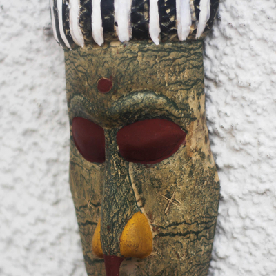 African wood mask, 'Lovely Face' - Rustic African Wood Mask with Striped Accents from Ghana