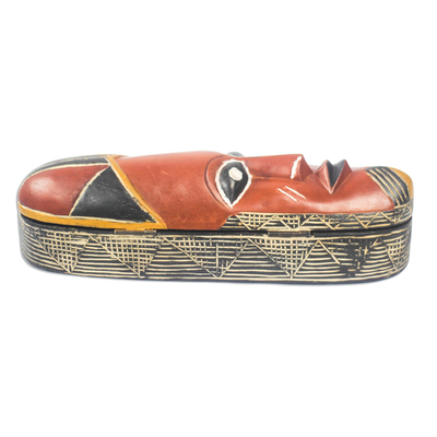 Wood decorative box, 'African Pride' - Wood Decorative Box Shaped Like an African Mask