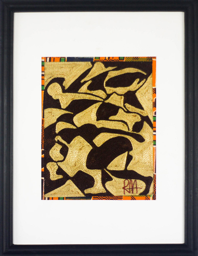 Arte con hilo de algodón - Arte de pared de algodón abstracto marrón y beige de Ghana
