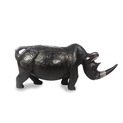 Aluminum and wood sculpture, 'Patterned Rhino' - Embossed Aluminum and Sese Wood Rhino Sculpture from Ghana