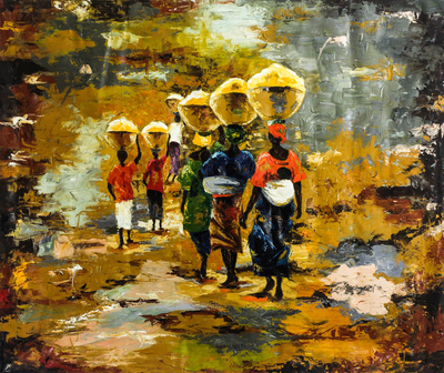 'Shea Passage' (2019) - Signed Expressionist Painting of Travelling Ghanaians (2019)