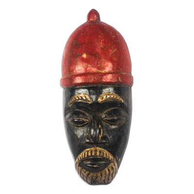 African Wood Mask of a King with a Red Crown from Ghana