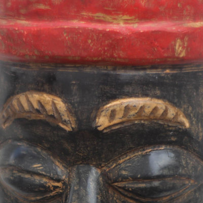 African wood mask, 'Igwe Crown' - African Wood Mask of a King with a Red Crown from Ghana