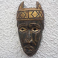 African wood mask, 'Horned Asafoatse' - Horned Rustic African Wood Mask from Ghana