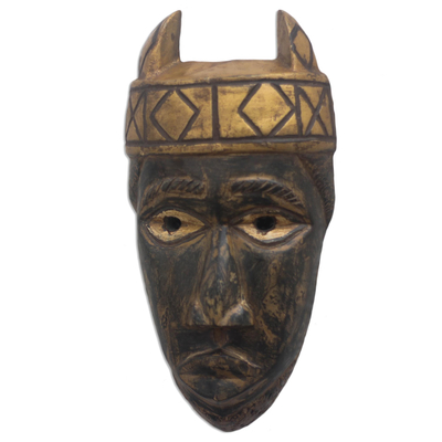 African wood mask, 'Horned Asafoatse' - Horned Rustic African Wood Mask from Ghana