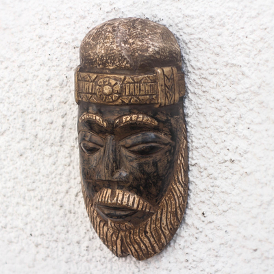 African wood mask, 'Bearded Nii Amugi' - Brown and Gold-Tone African Wood Mask from Ghana