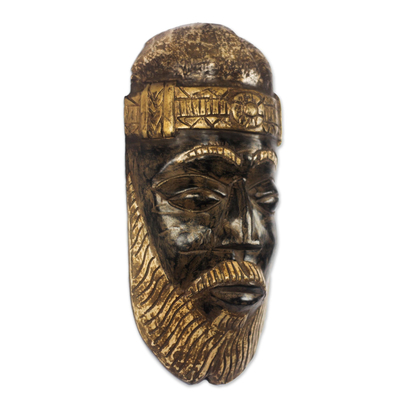 Máscara de madera africana - Máscara de madera africana marrón y dorada de Ghana