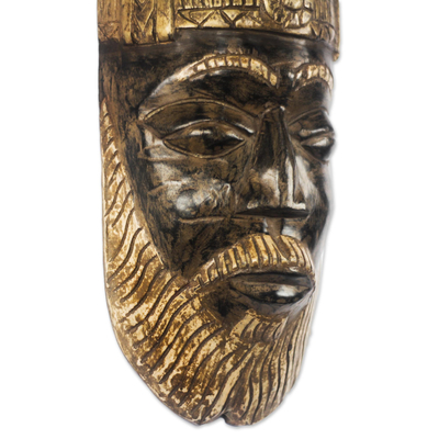 African wood mask, 'Bearded Nii Amugi' - Brown and Gold-Tone African Wood Mask from Ghana