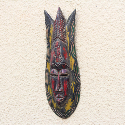 African wood mask, 'Colorful Apata' - Colorful Fish-Themed African Wood Mask from Ghana