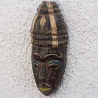 African wood mask, 'Hat Wearer' - Black and Beige African Wood Mask from Ghana