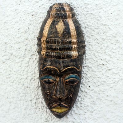African wood mask, 'Hat Wearer' - Black and Beige African Wood Mask from Ghana