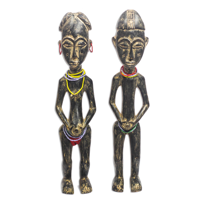 Wood sculptures, 'Ashanti Pair' (pair) - Rustic Sese Wood Sculptures of an Ashanti Couple (Pair)