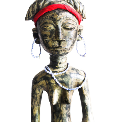 Wood sculpture, 'Female Warrior' - Sese Wood and Recycled Glass Bead Sculpture