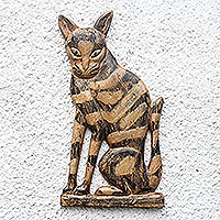 Wood wall sculpture, 'Egyptian Cat' - Rustic Sese Wood Cat Wall Sculpture from Ghana