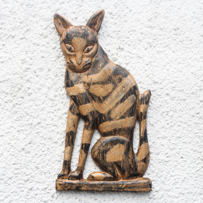 Escultura de pared de madera - Escultura de pared rústica de gato de madera de Sese de Ghana
