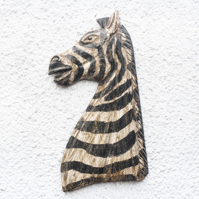 Wood wall sculpture, 'Zebra Profile' - Rustic Sese Wood Zebra Wall Sculpture from Ghana