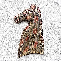 Escultura de pared de madera, 'Perfil de caballo' - Escultura rústica de pared de caballo de madera de Sese de Ghana