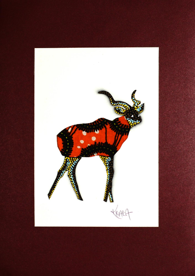 'Deer Orange' - Signed Mixed Media Painting of a Deer in Orange from Ghana