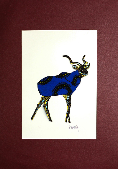 Signed Mixed Media Painting of a Deer in Blue from Ghana