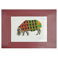 'Hippopotamus' - Signed African Print Hippopotamus Painting from Ghana