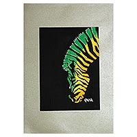 'Drinking Zebra' - Colorful Acrylic Zebra Painting from Ghana