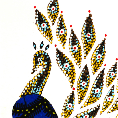 'Peacock Blue' - Pintura de técnica mixta firmada de un pavo real de Ghana