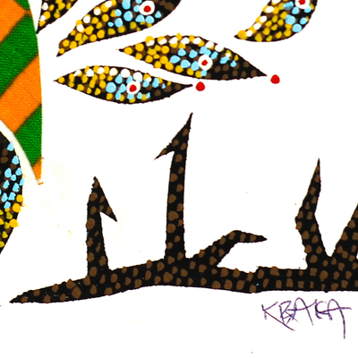'Peacock' - Pintura de técnica mixta firmada de un pavo real en naranja