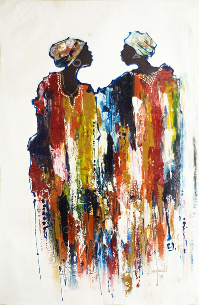 'Brain Storming' - Signed Expressionist Painting of Two Women Talking
