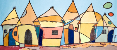 'Abode' - Signed Cubist Architectural Painting from Ghana