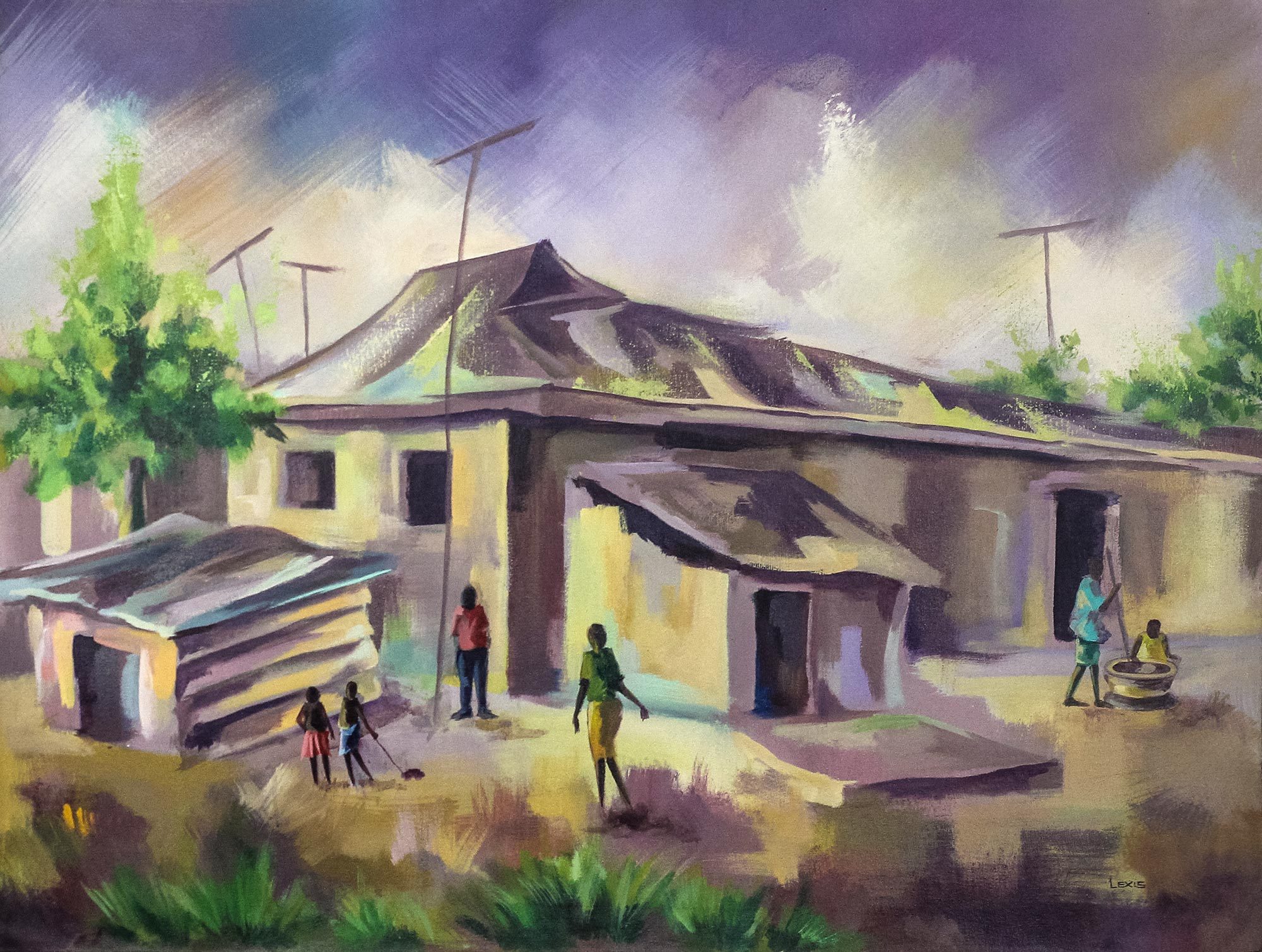 Signed Painting of an African Village from Ghana One Fine Afternoon