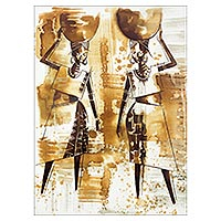 'Two Sisters' - Natural Dye Expressionist Painting of Two Sisters from Ghana