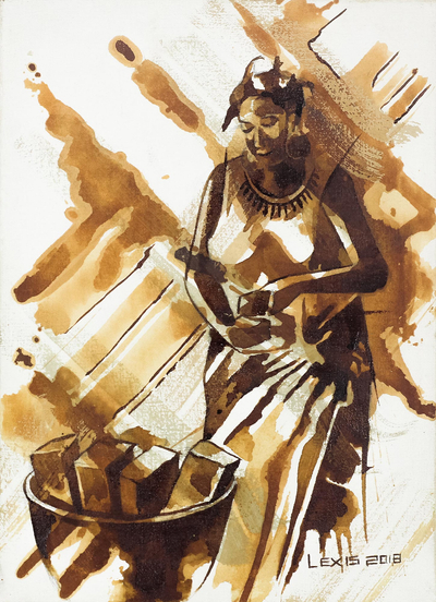 'Little by Little' - Natural Dye Painting of a Bread Seller from Ghana