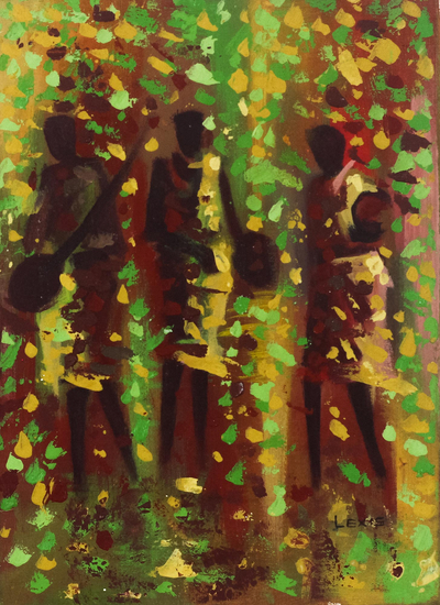 'Red, Gold, Green' - Colorful Signed Expressionist Painting from Ghana