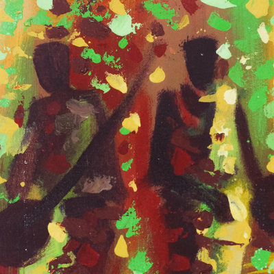 'Rojo, dorado, verde' - Colorido cuadro expresionista firmado de Ghana