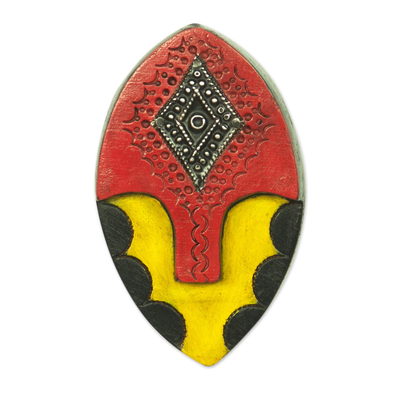 African wood mini mask, 'Mysterious Face' - Red and Yellow Abstract African Wood Mini Mask from Ghana