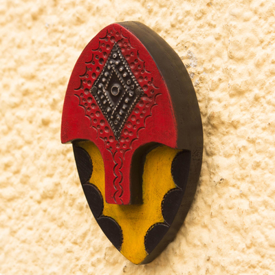 African wood mini mask, 'Mysterious Face' - Red and Yellow Abstract African Wood Mini Mask from Ghana