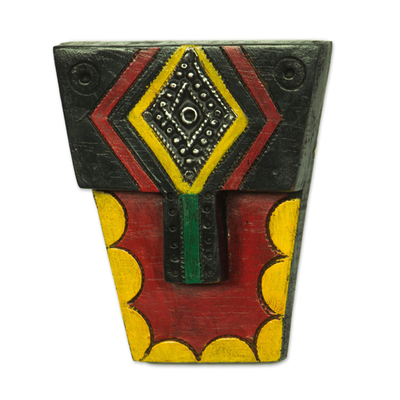 African wood mask, 'Geometric Personage' - Geometric African Wood and Aluminum Mask from Ghana